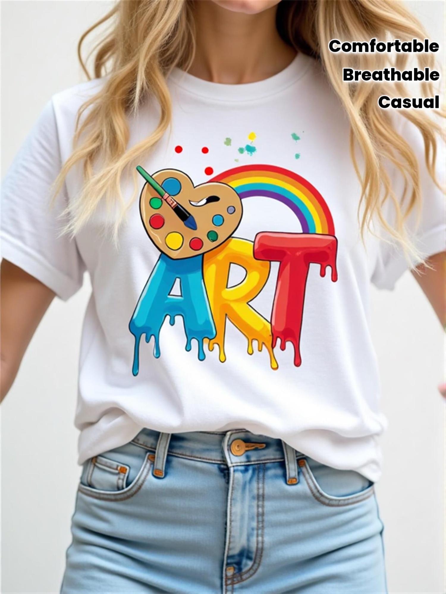 

WomenS Art-Themed T-Shirt with Rainbow Paintbrush & Heart Design - Vibrant Colorful Lettering & Paint Splatter Print Soft Breathable Fabric 4XL білий