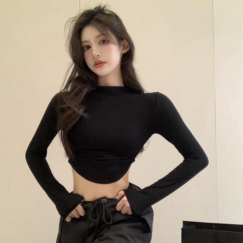 

Женская футболка с короткими рукавами и длинным рукавом, тонкий топ с высоким воротником L