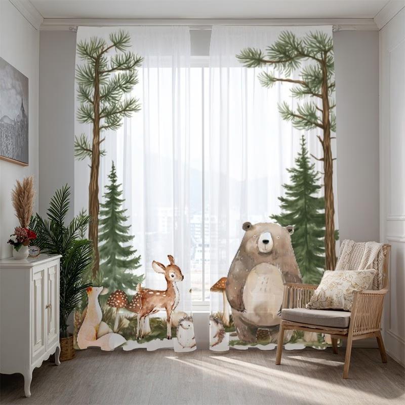 2PCS Digital Printed Sheer Curtain, Little Bear Deer Fawn, Woodland Cute Forest Animal for Living Room Bedroom Home Decor