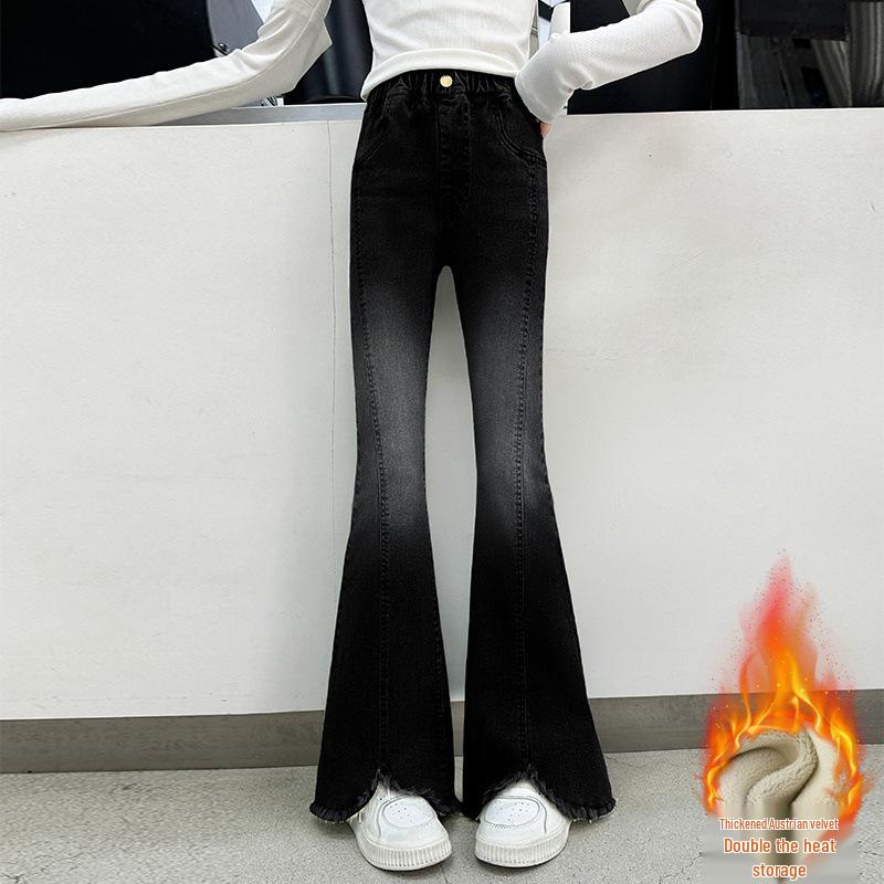 

2025 Новий стиль Дівчачі джинси кльош на флісовій підкладці - Потовщені зимові штани для старших дітей 160 cm чорний