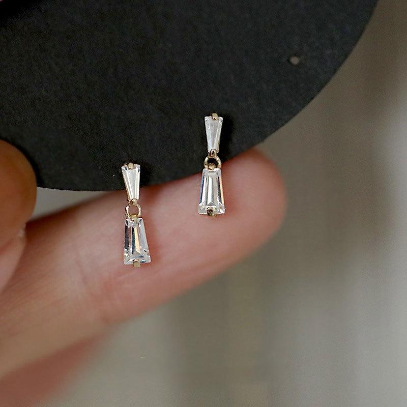 Trapezoidal Zircon Glittering Mini Exquisite Small Earrings Earrings Temperament Goddess Style