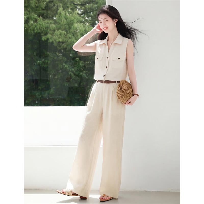 Women's Linen Blend Sleeveless Shirt & Wide-Leg Pants Set