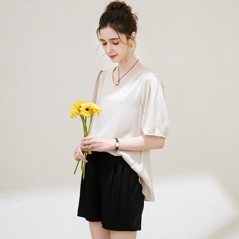 TUHUANG Women s Mulberry Silk V-Neck Puff Sleeve Blouse M