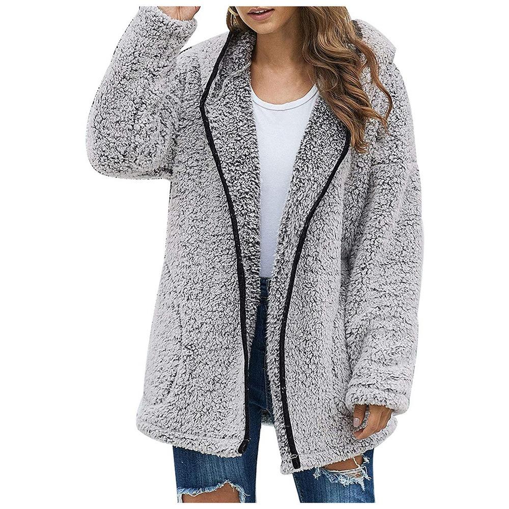 Autumn and Winter Casual Solid Colour Lapel Hooded Long-sleeved Women Plush Sweater Fleece Jacket