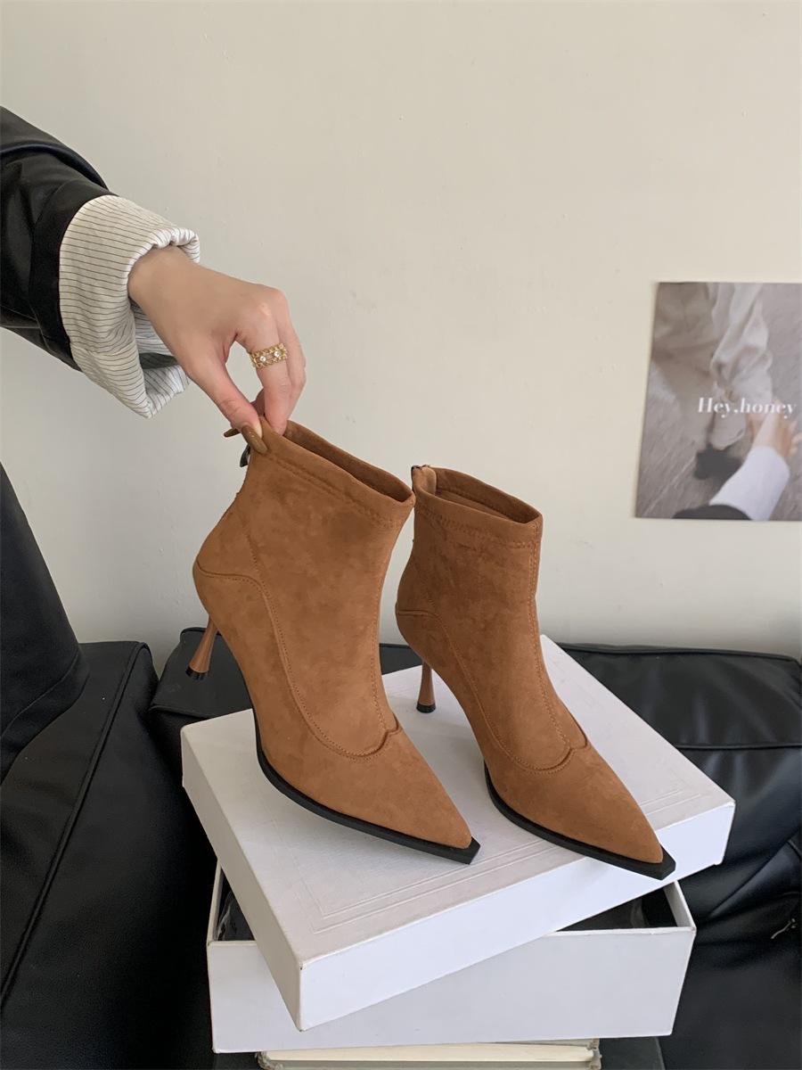 

Остроносые короткие ботинки женские 2025 осень и зима женские ботинки новые ботинки замшевые одинарные ботинки высокий каблук тонкие ботинки тонкий каблук короткие ботинки 39 коричневый
