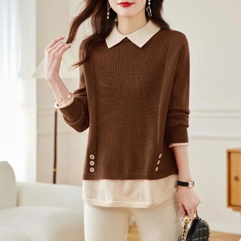 Lapel Fake Two-piece Knitted Bottoming Shirt Women's Autumn and Winter Loose and Thick To Keep Warm