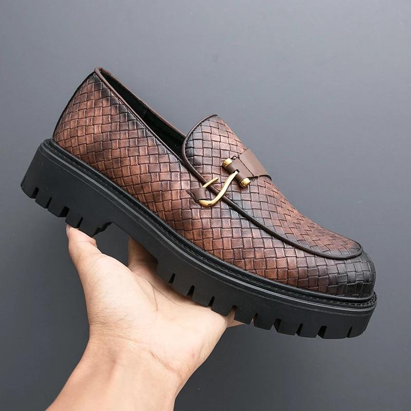 Men Leather Casual Dress Shoes Platform Loafers Slip-on High Quality Thick Bottom Height Increasing Shoes Oxfords Wedding Shoes