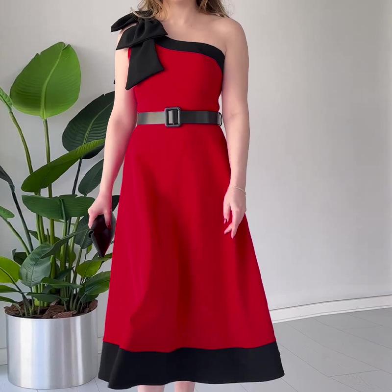 

2024 Summer Fashion Color Block Long Dress with 3D Bow and Asymmetrical Collar for Women Extra Small