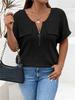 Solid Color Zipper Short Sleeve Casual Pullover T Shirt Women Loose Clothes Fashion Female Tee V-Neck Streetwear Plus Size Tops