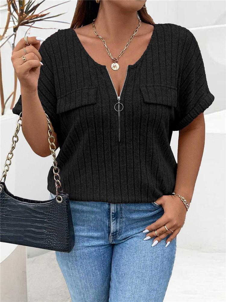 Solid Color Zipper Short Sleeve Casual Pullover T Shirt Women Loose Clothes Fashion Female Tee V-Neck Streetwear Plus Size Tops