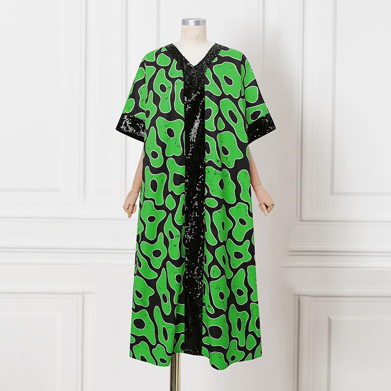 Plus Size Summer Women Round Neck Half Sleeve Print Ruffled Long Maxi Kaftan Dresses