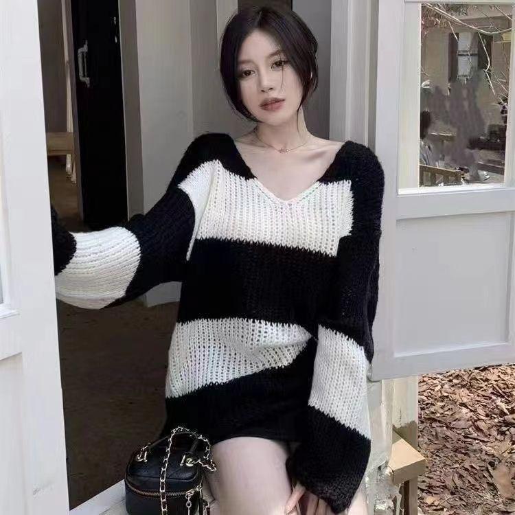 

Мужские топы, Свободный трикотаж, Западный стиль, Ленивый стиль, Весенне-осенние тонкие полосатые свитера, Женское лето XXL чёрный