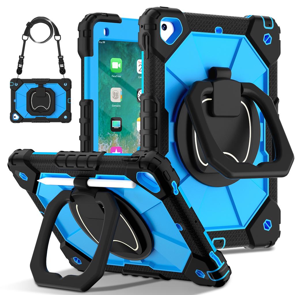 Heavy Duty Case for iPad 9.7 6th 5th Pro 9.7 Inch Silicone + PC Shockproof 360° Rotating Stand Tablet Cover with Shoulder Strap