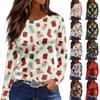Women's Christmas Print Long Sleeve Top with Round Neck and Side Slit
