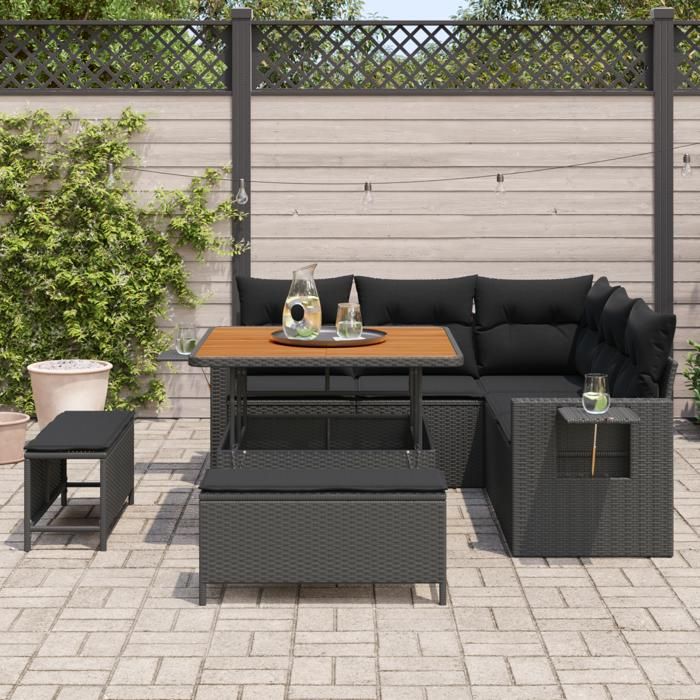 Ensemble de canapé de jardin 8 pièces avec coussins Noir Poly Rattan Acacia, Ensemble de salle à manger de jardin 3 pièces 3361734
