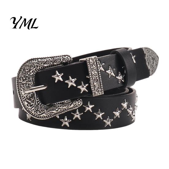 Slimming Waist Cincher Belt 110cm Punk Star Rivet for Women, Faux Leather Studded Fashion Casual Decoration with Metal Buckle, Edgy Music Festival