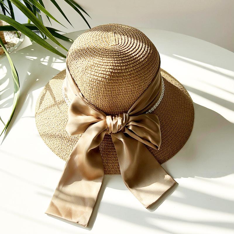 Hat Style Versatile Straw Woven Elegant Pearls Bow Womens Retro Sunshade Hats