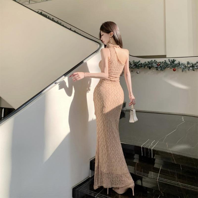 Mesh Hollowed-out Slanted Shoulder Dress, Sexy Spice Girl Waist and Hip Design, Fishtail Long Dress, Female Summer