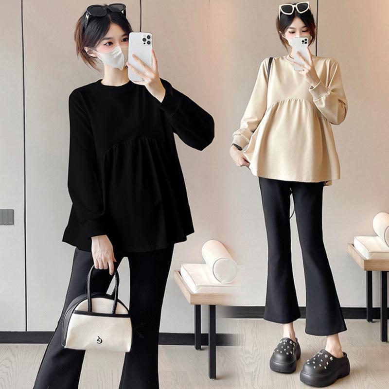 Korean Style Khaki Babydoll Maternity Sweatsuit with Micro Flared Pants for Spring/Autumn