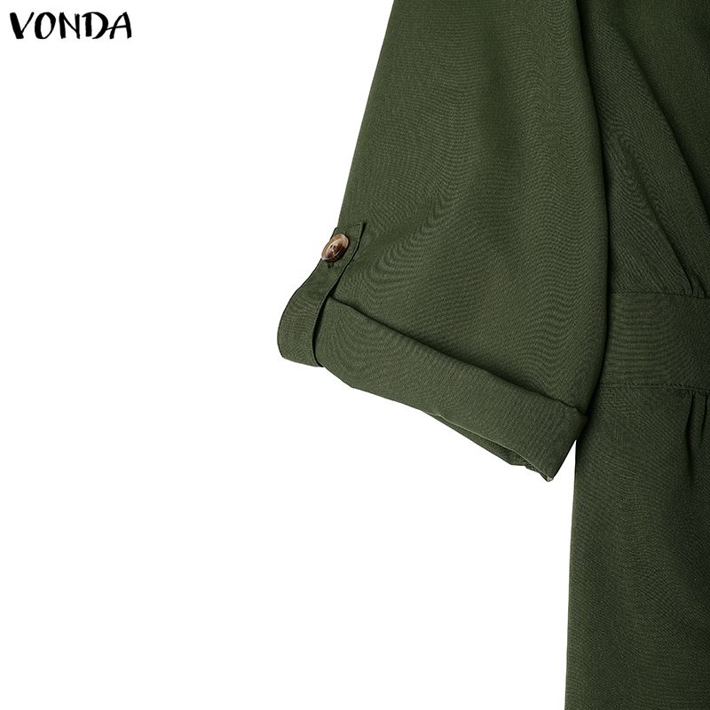 VONDA Womens Casual Lapel Collar Button Down Half Sleeve Office Style A Line Midi Shirt Dress