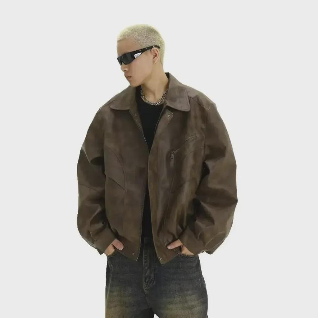 Pánská trendy americká retro hnědá kožená bunda s klopami - Stylový a pohledný design pro páry