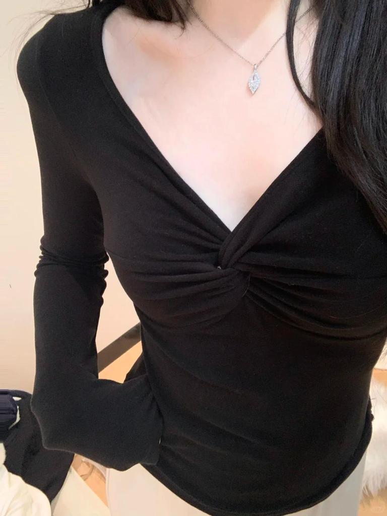Women's Slim-Fit Sexy V-Neck Long-Sleeve Twist Top - Flattering Waist-Cinched Autumn/Winter Base Layer