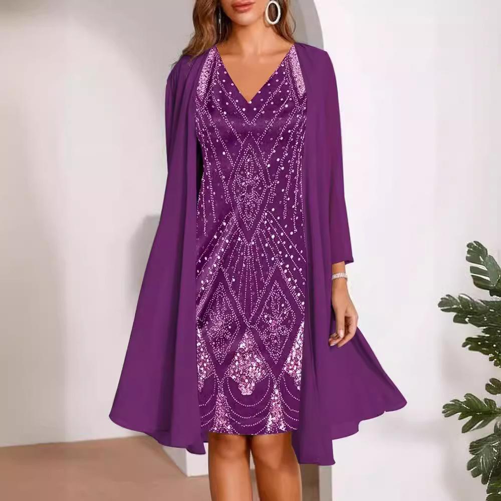 Women's Blue Sequin V-Neck Dress with Matching Cardigan, Available In 6 Colors