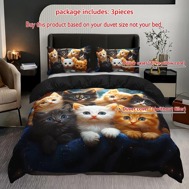 

3Pcs Cute Kittens Bedding Duvet Cover Set Adorable Kitten Bedding Quilt Set For Galaxy Themed Bed Quilt Set Sweet Kittens Duvet Cover Set&EU Single(135x200cm)