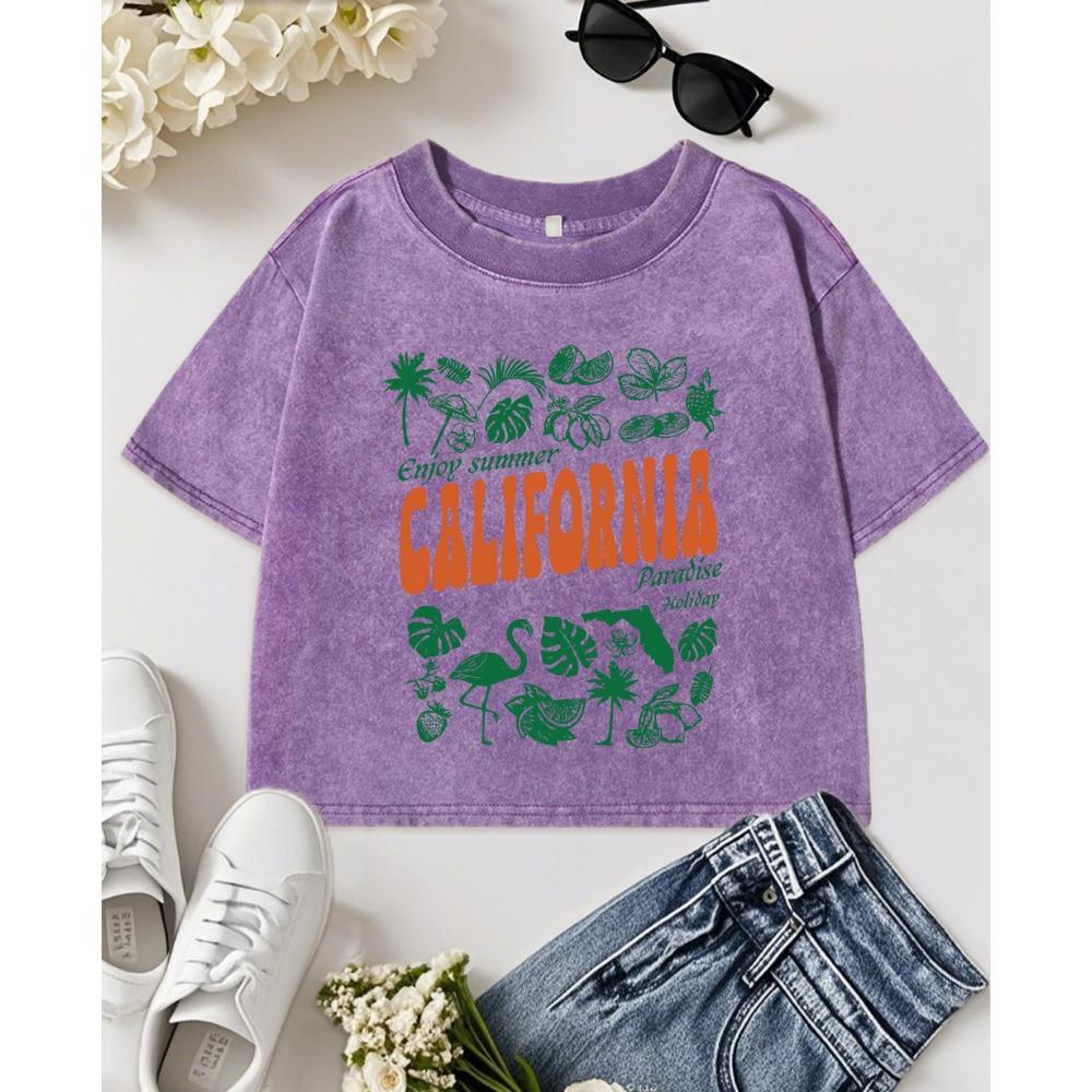 California Lemon Fruit Plant Printing Washed T Shirt Women Vintage Casual Tops O-Neck Cotton Short Sleeve T-Shirts