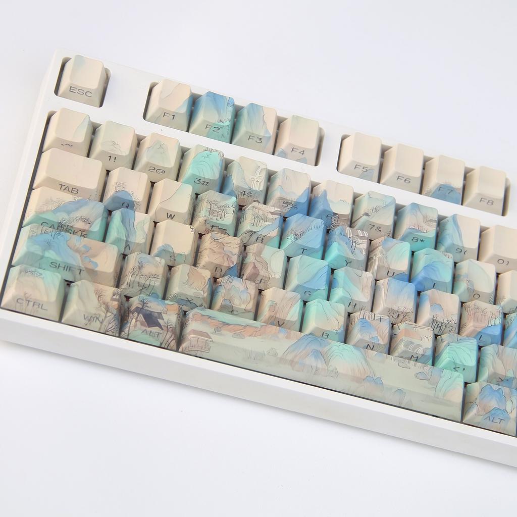 Qianli Jiangshan Keycaps Chinese Style Ancient Oil Painting Style Keycaps Side Engraved Translucent Original Pbt Keycaps 120Keys
