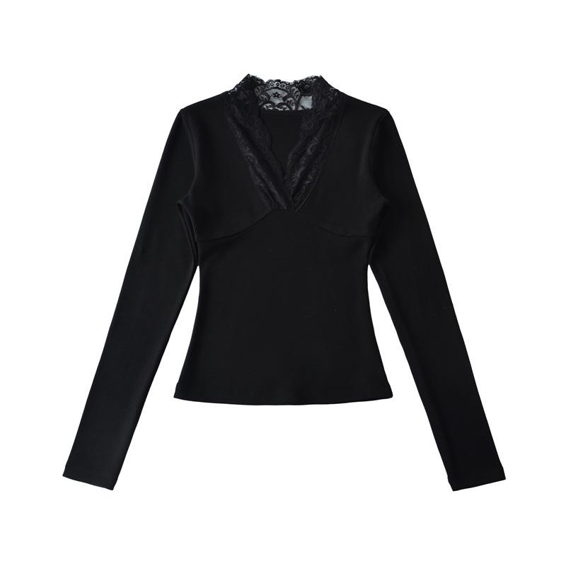 Korean Style Lace Trim V-Neck Slim-Fit Fleece Long Sleeve Women's Top