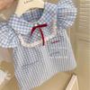 Girls Blue Gingham Sleeveless Dress with Lace Trim for Summer