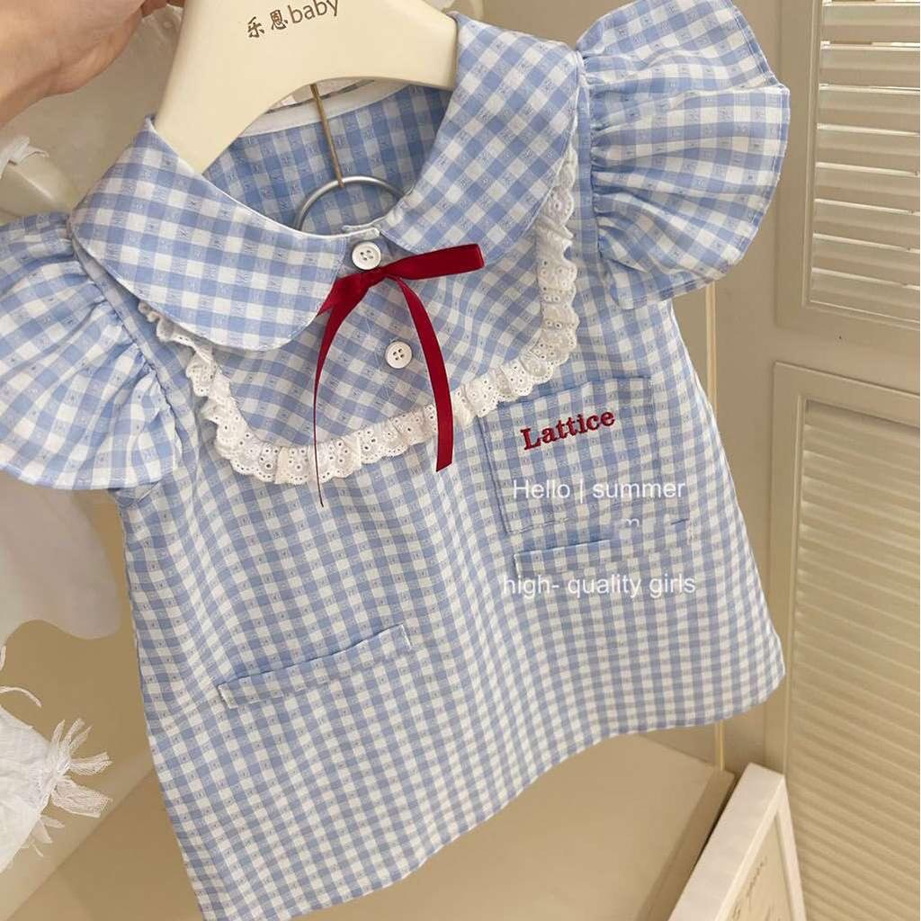 Girls Blue Gingham Sleeveless Dress with Lace Trim for Summer