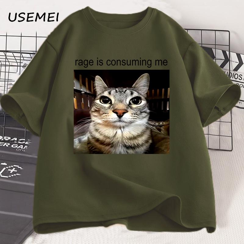 Rage Is Consuming Me Silly Staring Cat Meme Tee Shirt Casual Cotton Short Sleeve Tshirts Unisex Unisex Cat Lover T Shirt Oversized