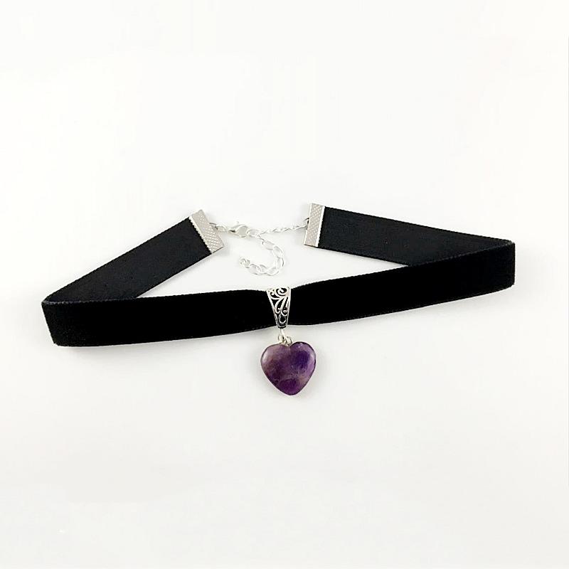 Gothic Retro Heart-shaped Purple Crystal Agate Pendant Black Velvet Necklace for Women Hallowmas Party Charm Choker Jewelry Gift