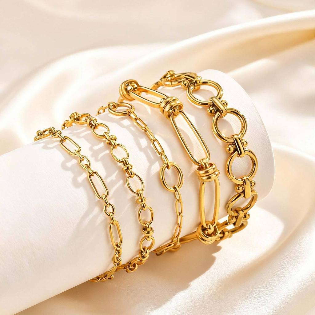 18K Gold-Plated Stainless Steel Hand-Spliced Chain Bracelet, Women'S Personalized Punk Metal Chain Wrist Jewelry