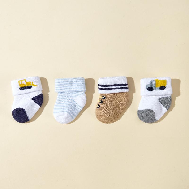 

4 пары/комплект детских носков, милые теплые полосатые мультяшные горошек, толстые детские носки-тапочки, мягкие носки со звездами для новорожденных, осень-зима S(6-12m) разноцветный