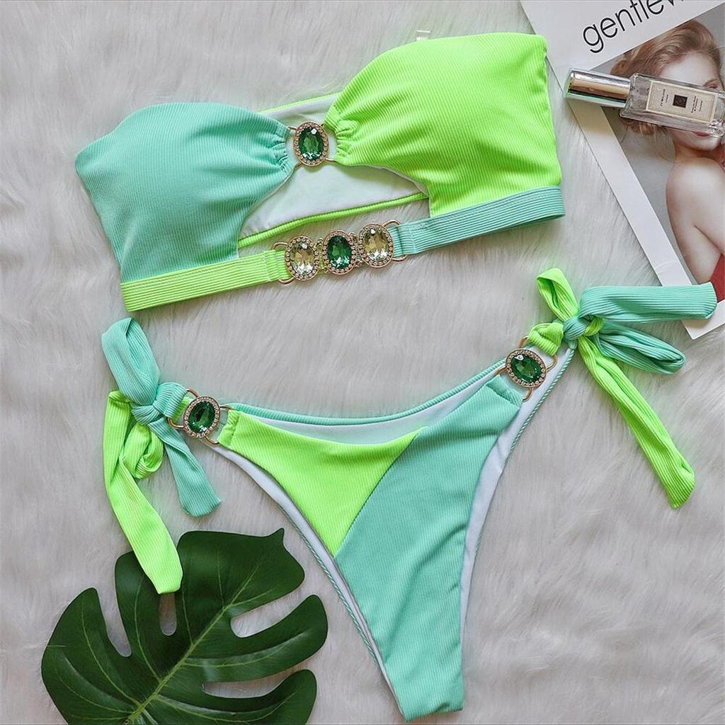Diament Rhinestone łączenie Bandeau Bikini damski strój kąpielowy kobiety stroje kąpielowe dwuczęściowy zestaw Bikini kąpiel strój kąpielowy pływać