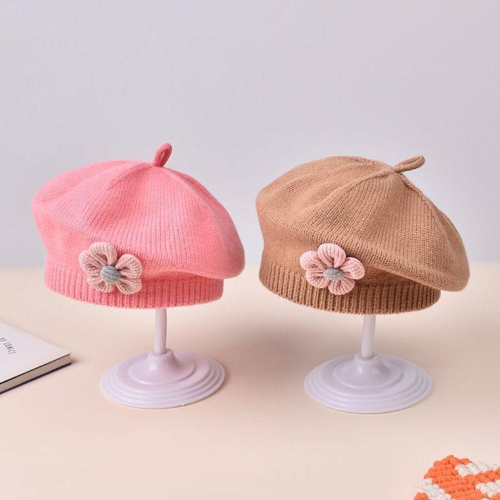 Korean Baby Beret Hat Flower Baby Knitted Hat Cute Knitted Beanie Cap For Infant Girls