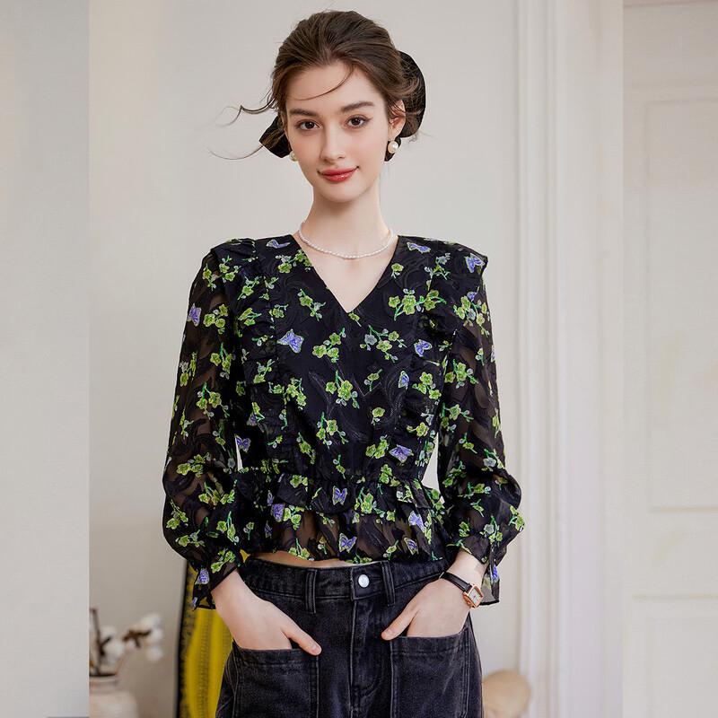Women s V-Neck Ruffle Print Chiffon Long-Sleeve Shirt EU 38