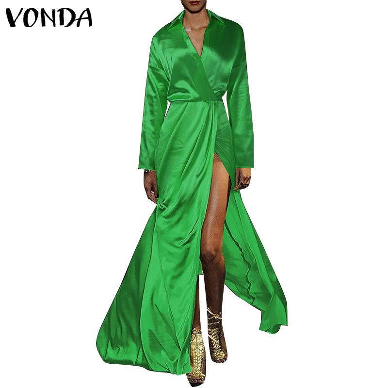 VONDA Women Long Sleeve Front Cross Lace-up Slit Satin Maxi Long Shirt Dress