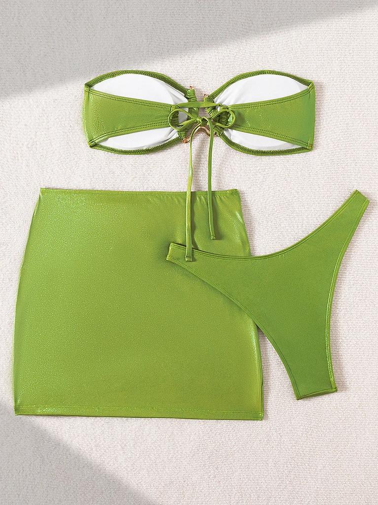 3 PCS with Sarong Skirt Bandeau Bikini Women Swimwear Female Swimsuit Three-pieces Bikini Set Bather Bathing Suit Swim Beachwear