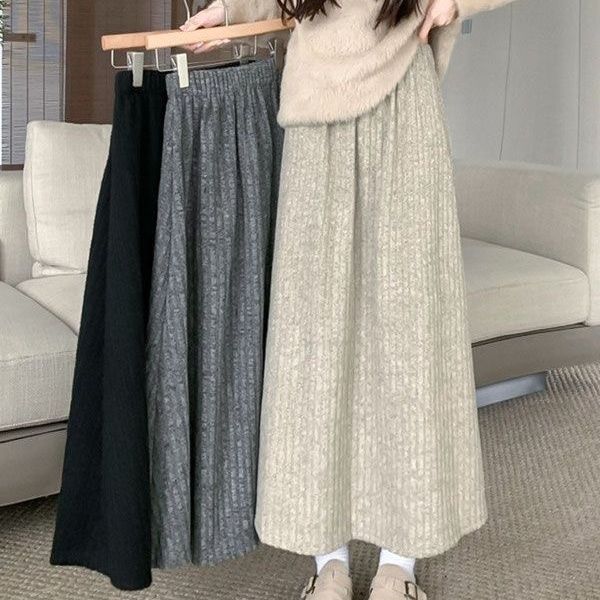 Women's Fleece-Lined A-Line Midi Skirt Elastic Waist For Autumn Winter Grey Skirt