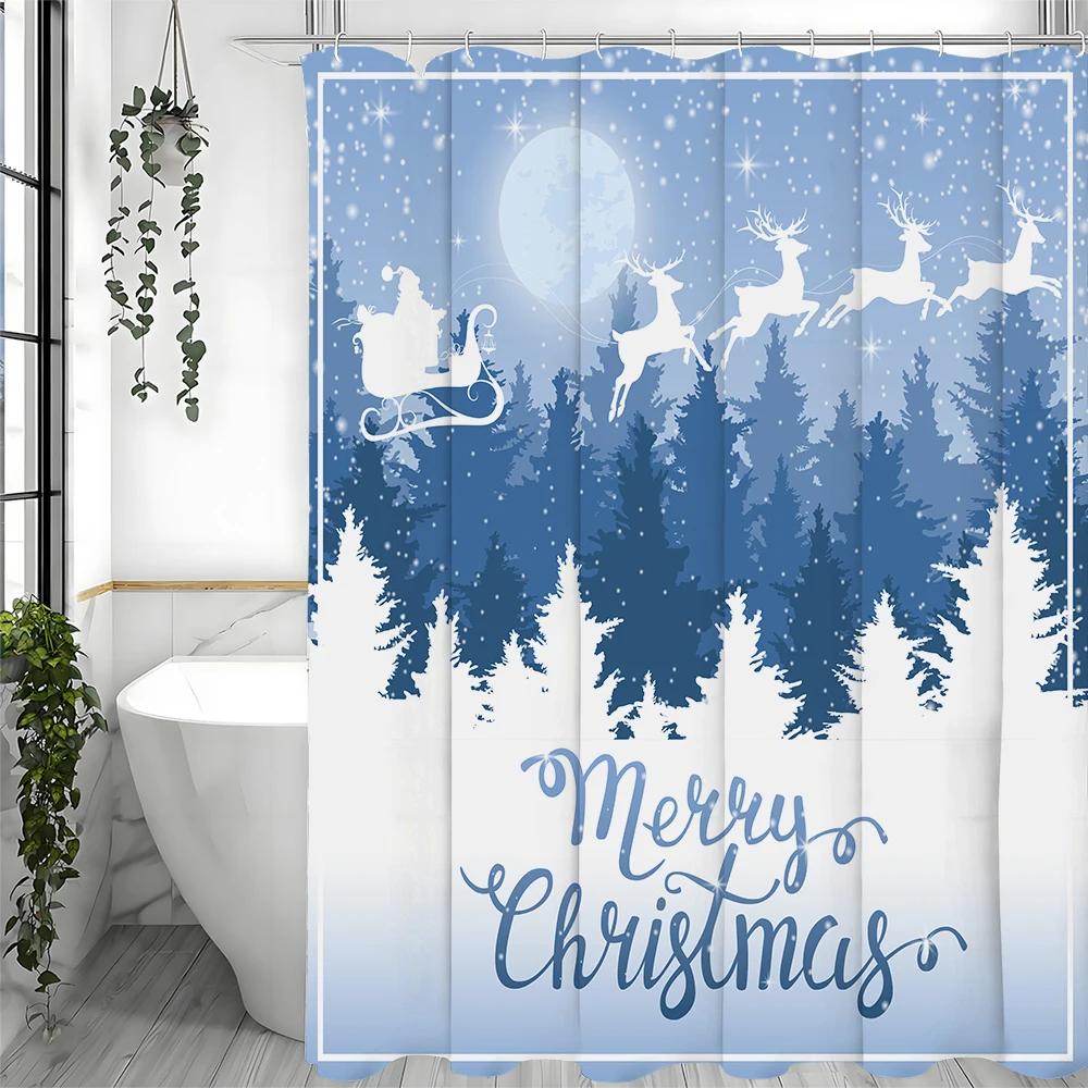 Christmas Santa Claus Elk Forest Shower Curtain, Bathroom Decorative Shower Curtain, Waterproof Shower Curtain with Hooks