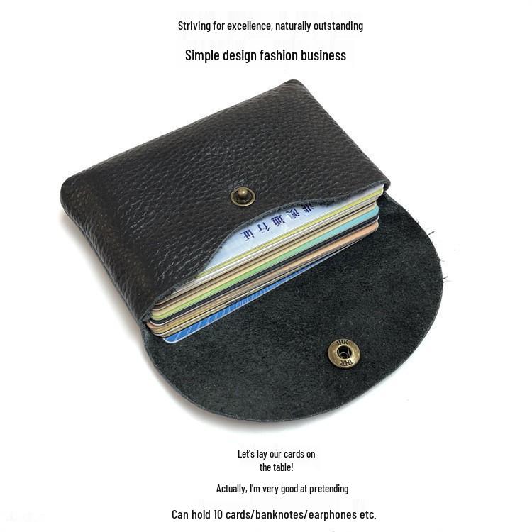 Top Grain Leather Snap Closure Coin Purse & ID Holder, Mini Lychee Pattern Card Holder for Men & Women