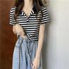 Top Polo Crop Negru și Alb cu Dungi pentru Femei, Mânecă Scurtă, Croială Slim Fit, Tricou