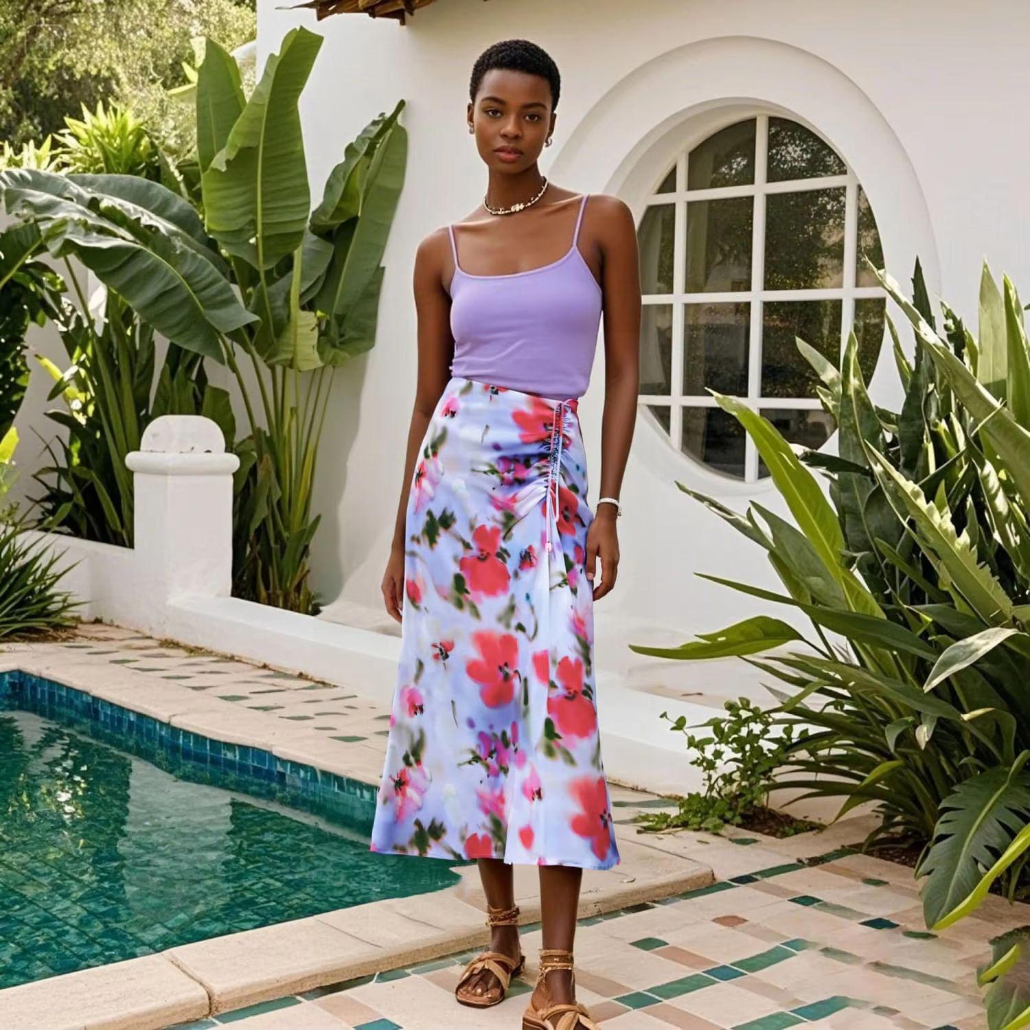 

2025 Spring/Summer Women s High-Waisted Pleated Midi Skirt with Printed Design M