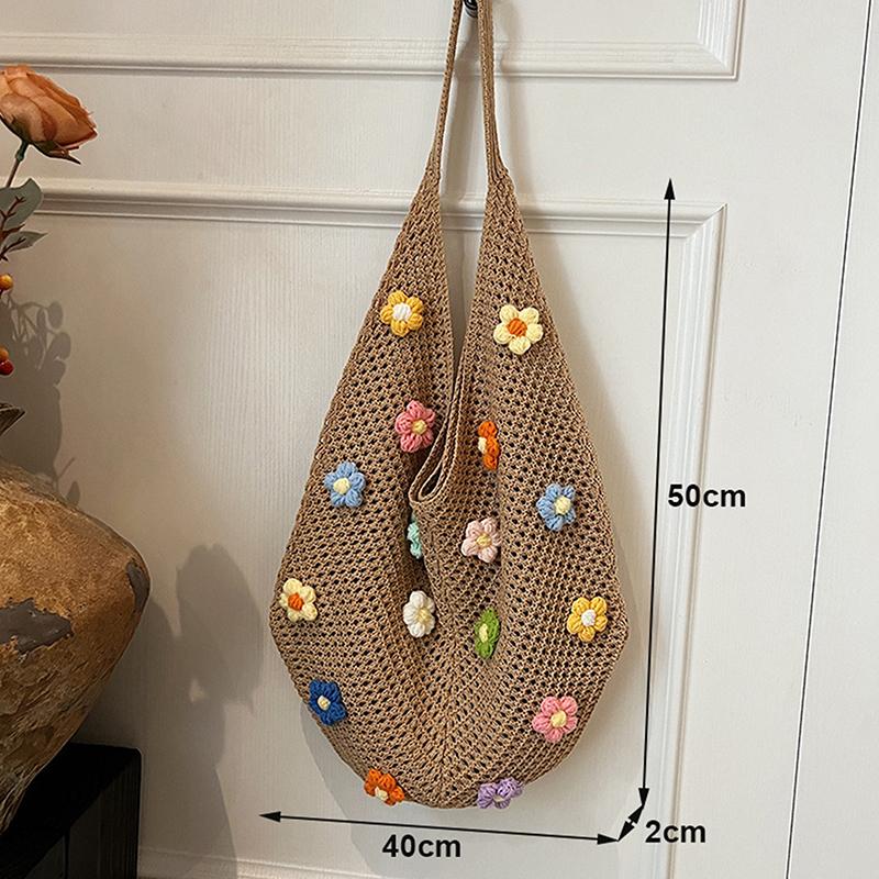 Women Flower Knitted Shoulder Bag  Handbag Lightweight Crochet Tote Bag Casual Top Handle Bag Outdoor Travel Bag