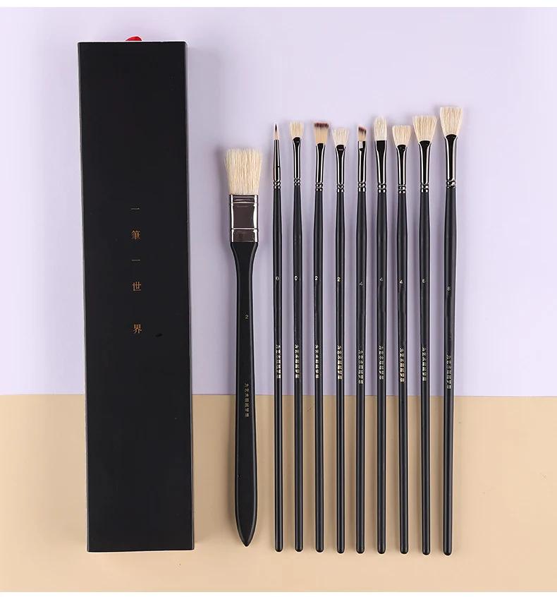 Gouache Paint Brush 10 Pcs Multi-functional Fan-shaped Nylon Hair Oil Brush Big Bristle Board Brush Row Pen Black Knight Set