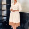 Women Elegant Color Block Turn Down Collar High Waist Pleated Office A Line Dress